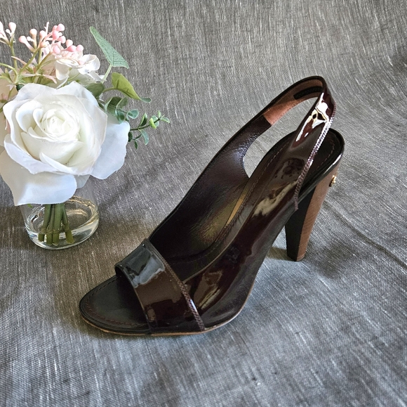 Louis vuitton Plum Patent Leather Metallic Gold Slingback Luxury Heels Size 6 US - Picture 6 of 16